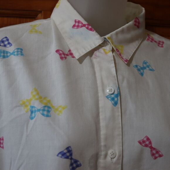 E.B. eccobay Vintage White Colorful Bow Print Button Down Shirt Large - Picture 3 of 16
